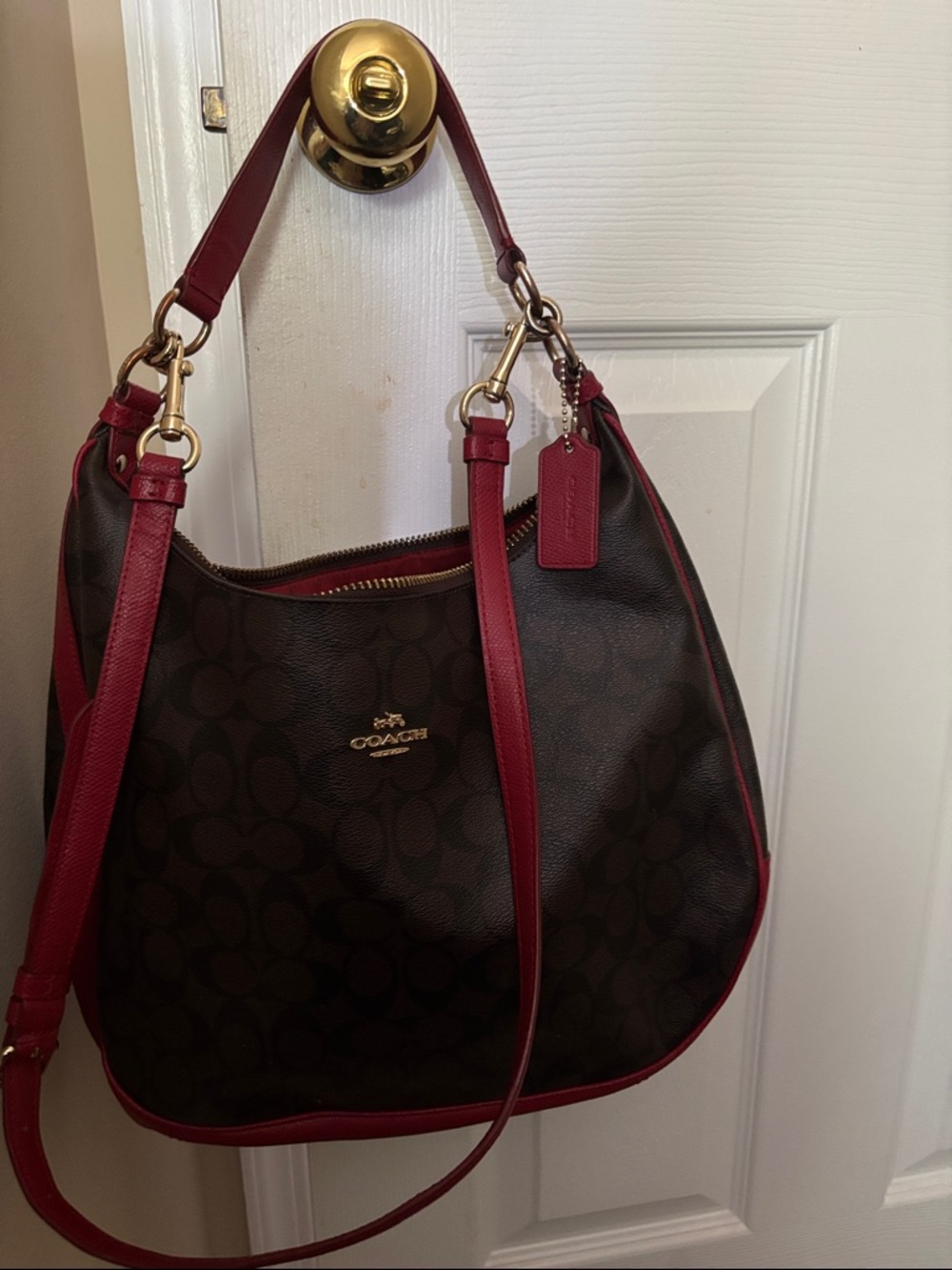 Coach Brown Signature Hobo with Red Trim and Gold Hardware